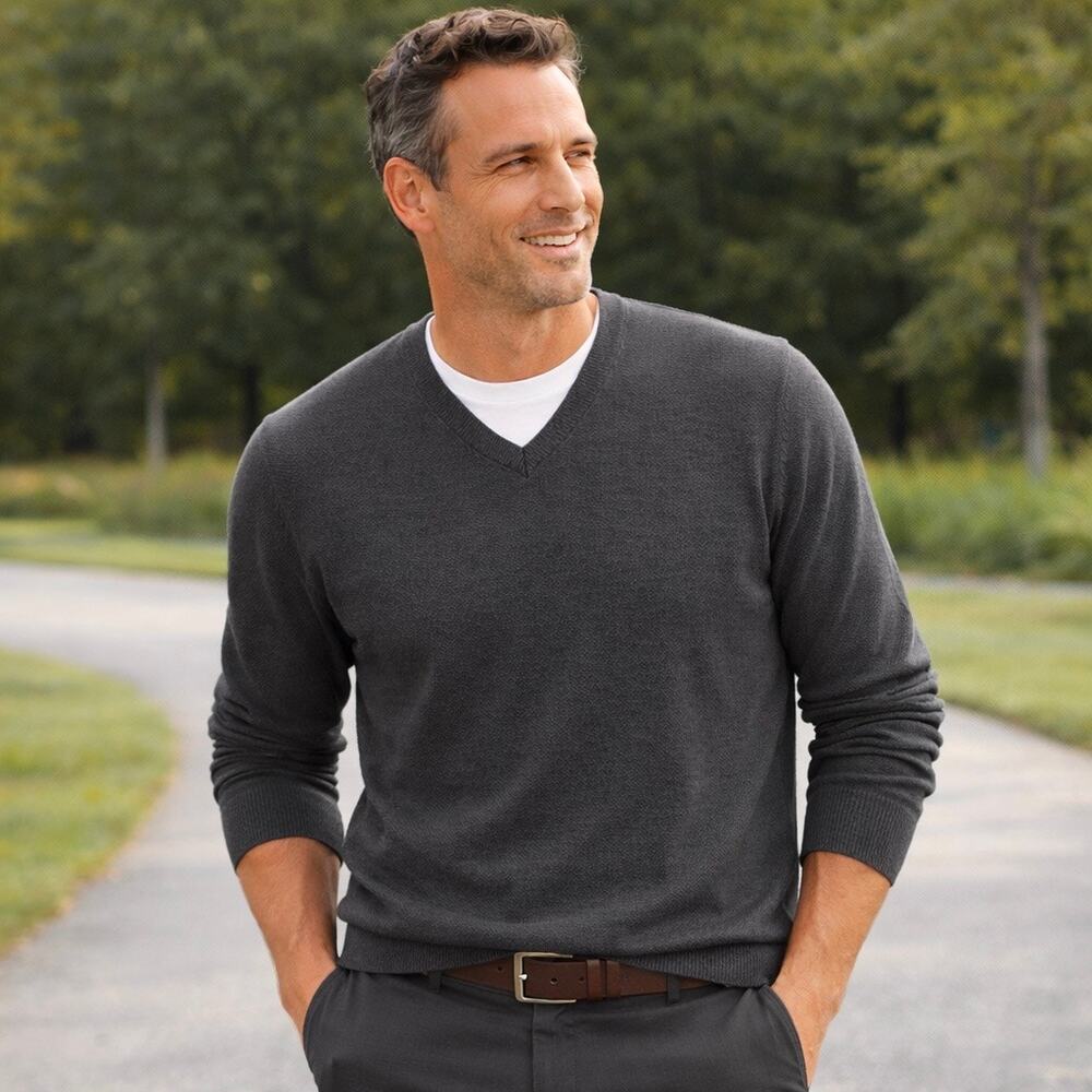 Lands End Sweater Mens Large Supima Cotton Classic V-neck Preppy‎ Business Gray